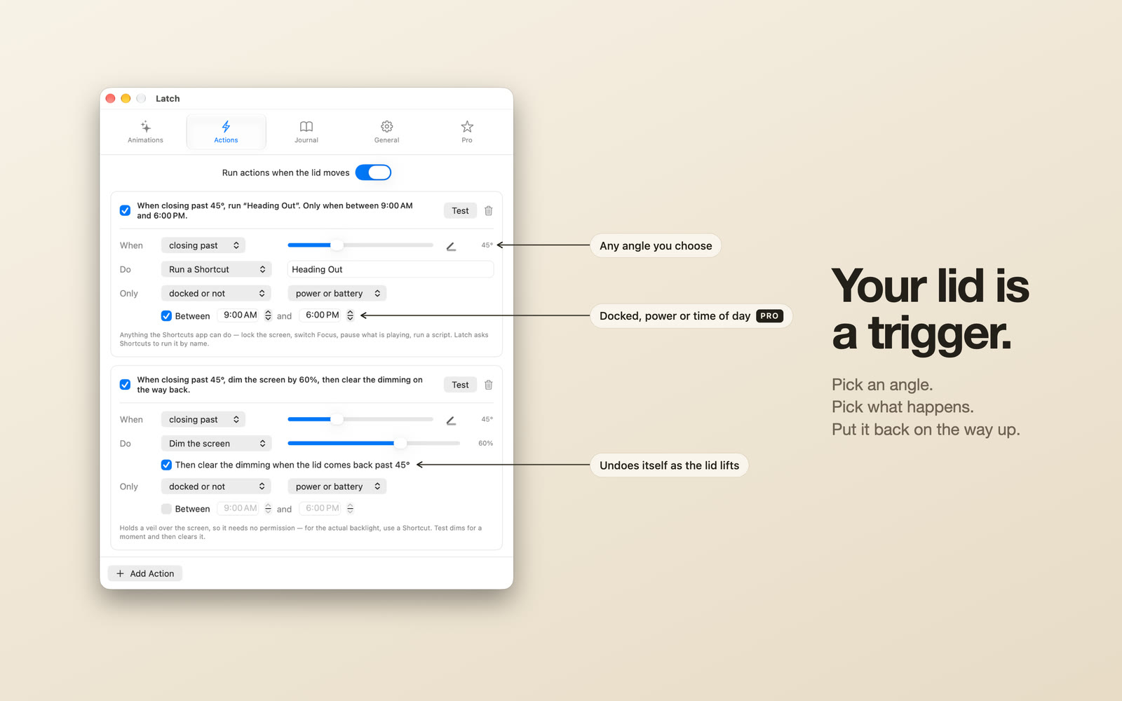 Latch Actions tab: run a Shortcut or dim the screen when the lid closes past 45 degrees