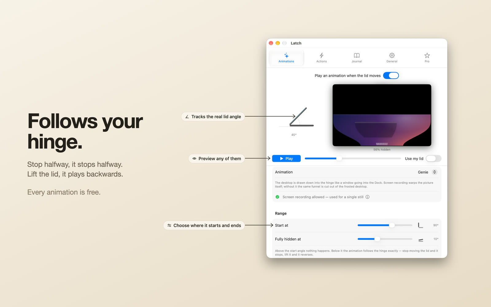 Latch Animations tab: the animation tracks the real lid angle, with a preview and a start and end angle